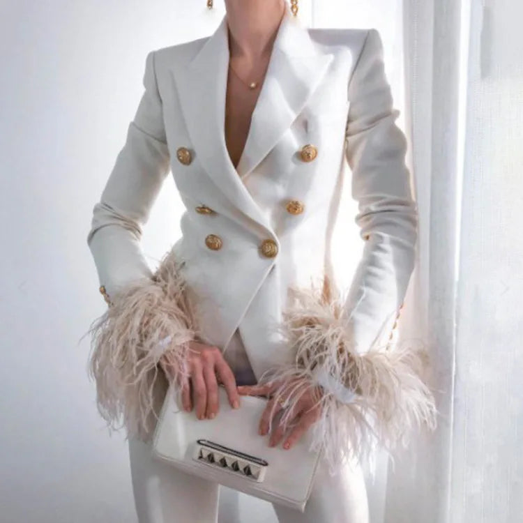 Blazer à plumes pour femme, nouveau haut à col rabattu, décontracté, manches longues, veste croisée, vêtements de bureau