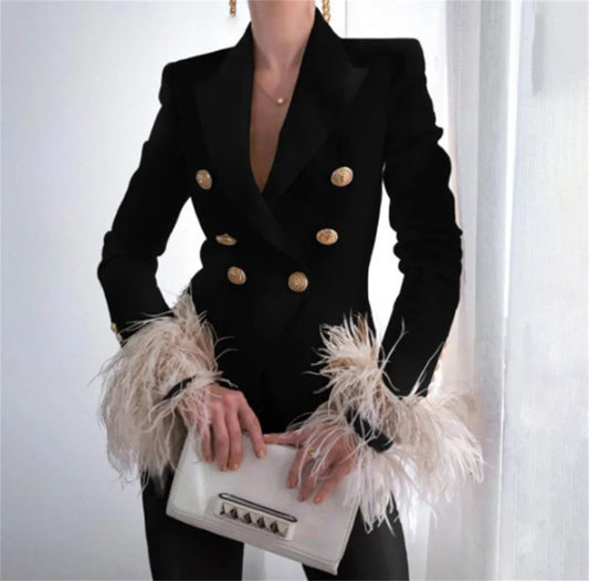 Women Feather Blazer New Turn-down Collar Top Casual Long Sleeve Lady Double-Breasted Jacket Office Outwear