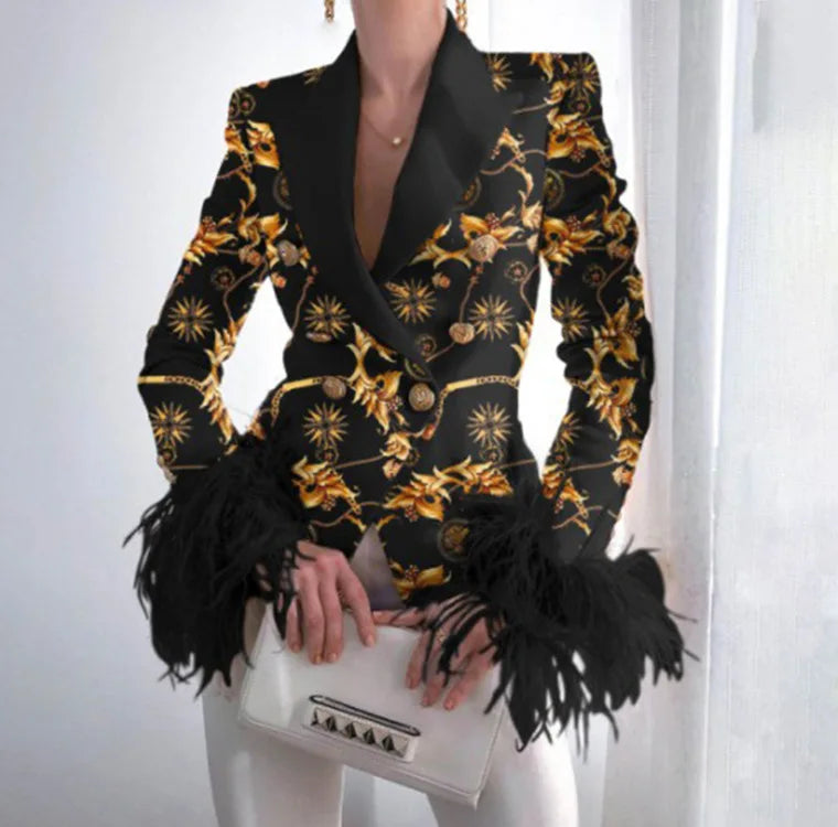 Blazer à plumes pour femme, nouveau haut à col rabattu, décontracté, manches longues, veste croisée, vêtements de bureau
