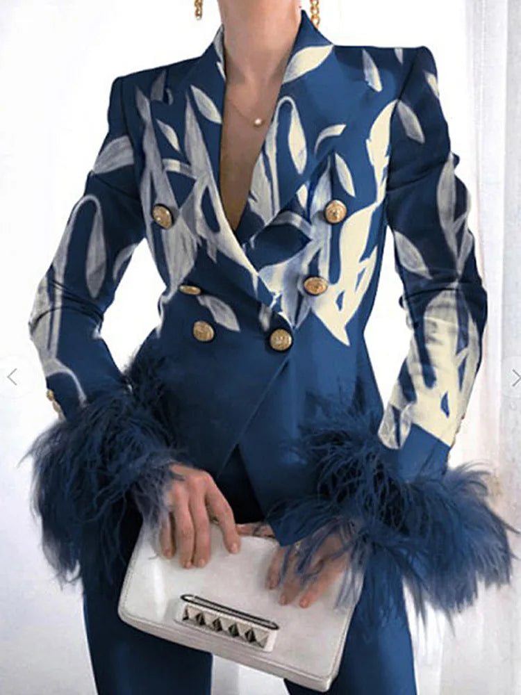 Blazer à plumes pour femme, nouveau haut à col rabattu, décontracté, manches longues, veste croisée, vêtements de bureau