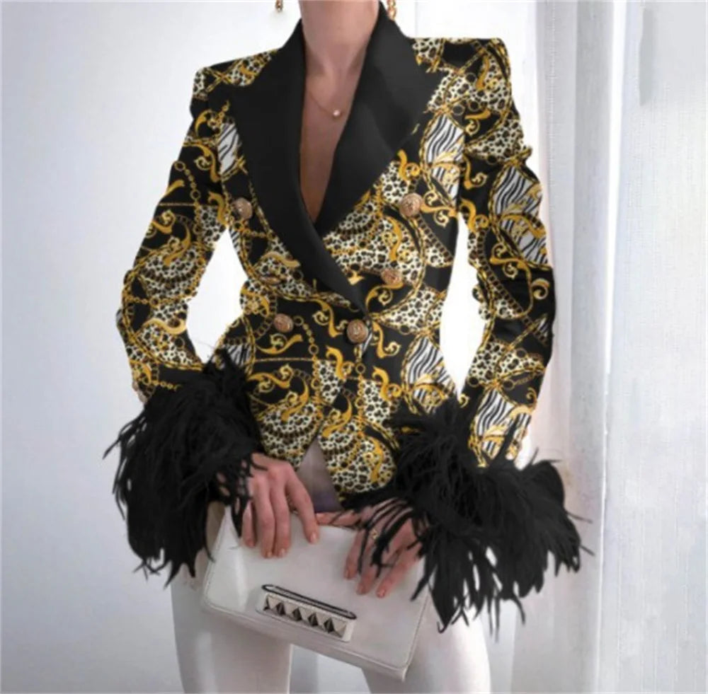 Blazer à plumes pour femme, nouveau haut à col rabattu, décontracté, manches longues, veste croisée, vêtements de bureau