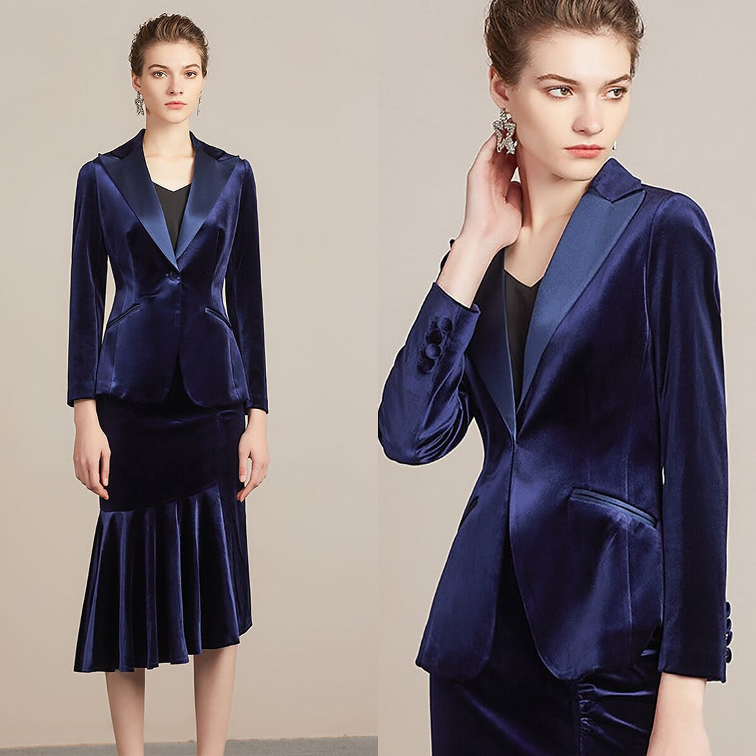 Conjunto de 2 piezas de falda y blazer para mujer, de terciopelo, corte entallado, para fiesta de graduación y boda 