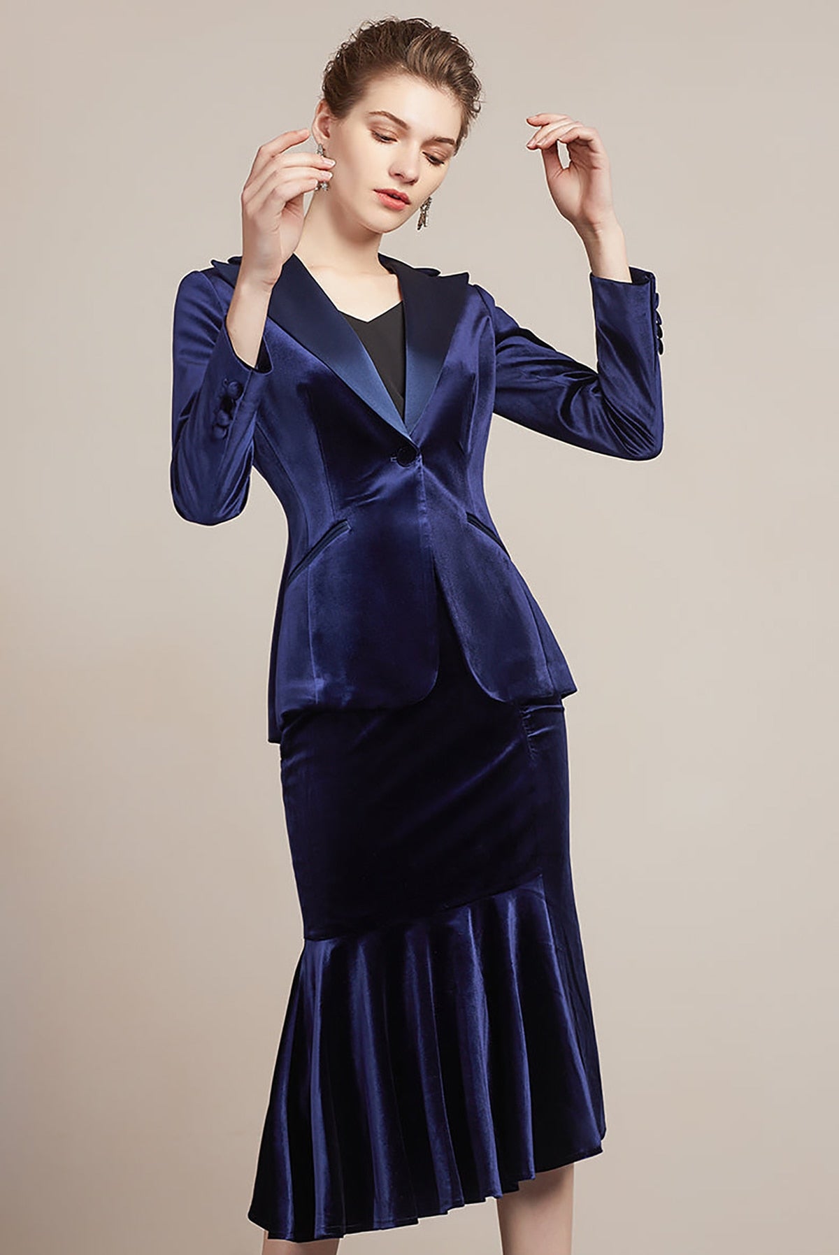 Conjunto de 2 piezas de falda y blazer para mujer, de terciopelo, corte entallado, para fiesta de graduación y boda 