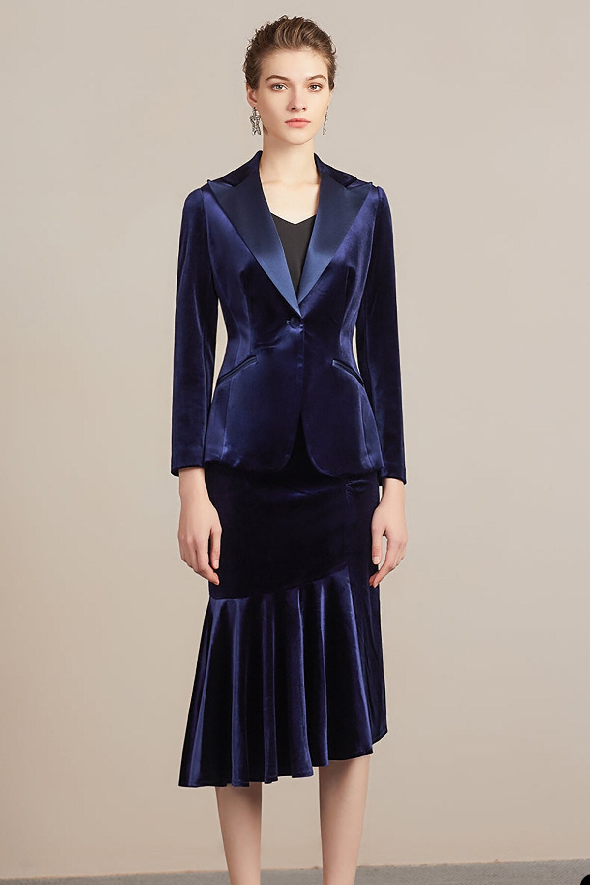 Conjunto de 2 piezas de falda y blazer para mujer, de terciopelo, corte entallado, para fiesta de graduación y boda 