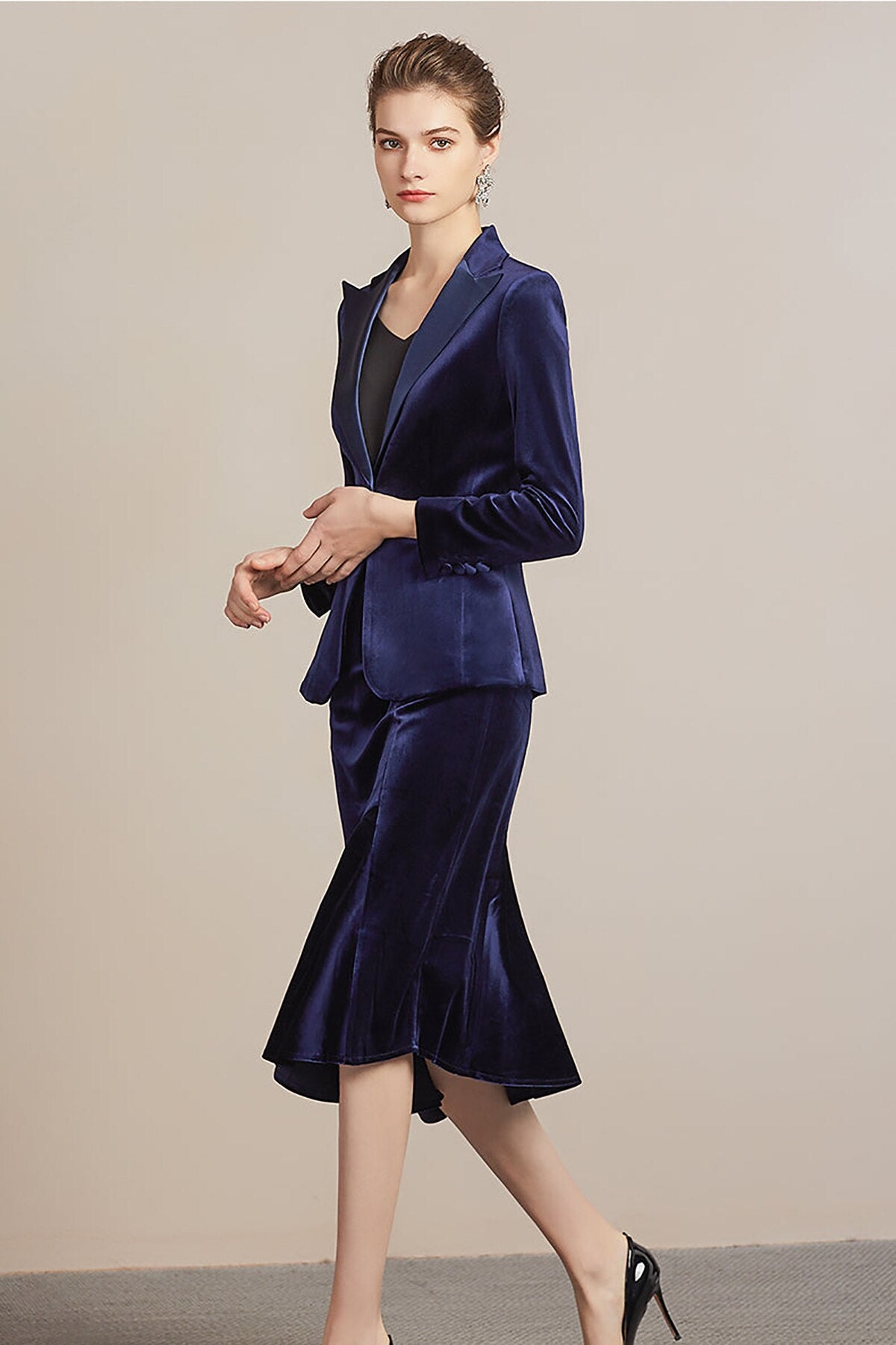 Conjunto de 2 piezas de falda y blazer para mujer, de terciopelo, corte entallado, para fiesta de graduación y boda 