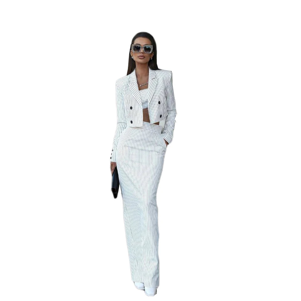 Stylish Women’s Pinstriped 3-Piece Suit Set – Slim Fit, Cropped Coat, and High-Waisted Skirt for Elegant Occasions
