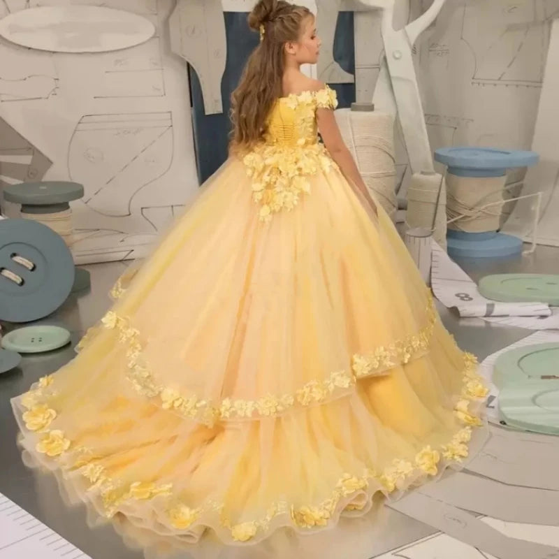 Yellow Floral Off-Shoulder Ball Gown Dress for Girls with Lace and Ruffles