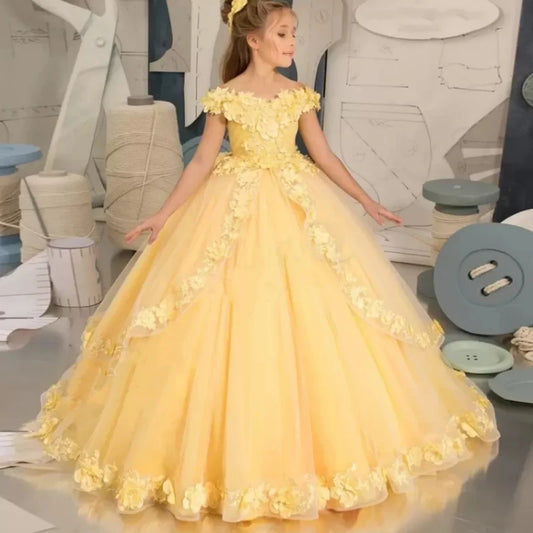 Yellow Floral Off-Shoulder Ball Gown Dress for Girls with Lace and Ruffles