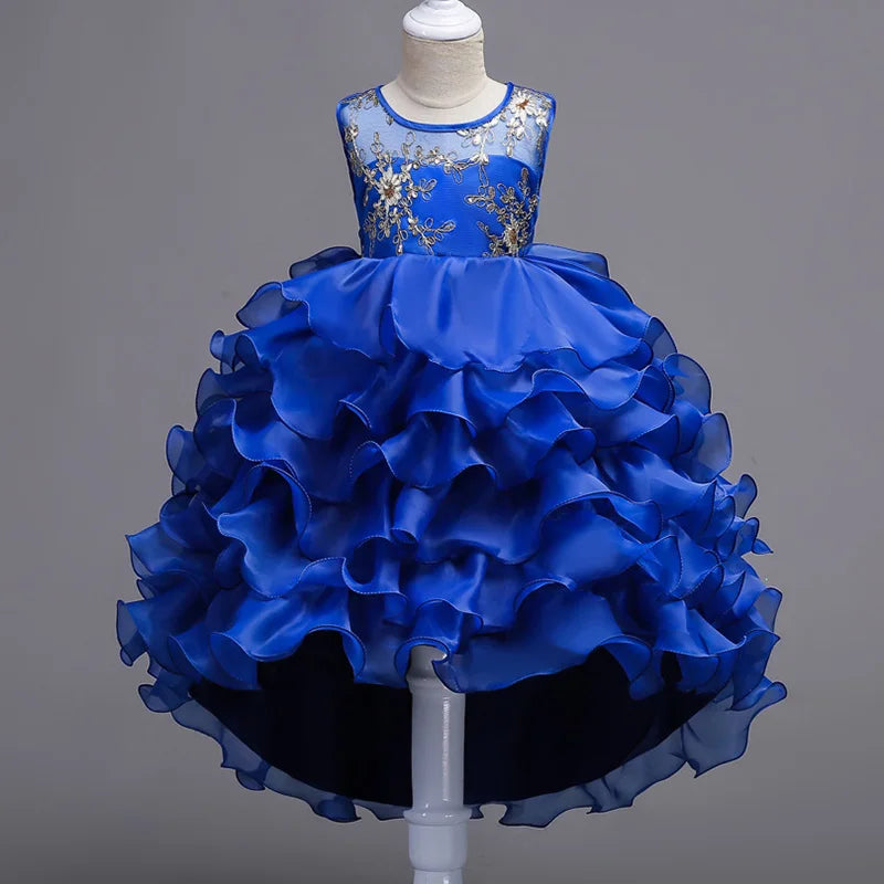 Girls Blue Ruffled High-Low Dress with Floral Embroidery Sleeveless Round Neck Party Gown