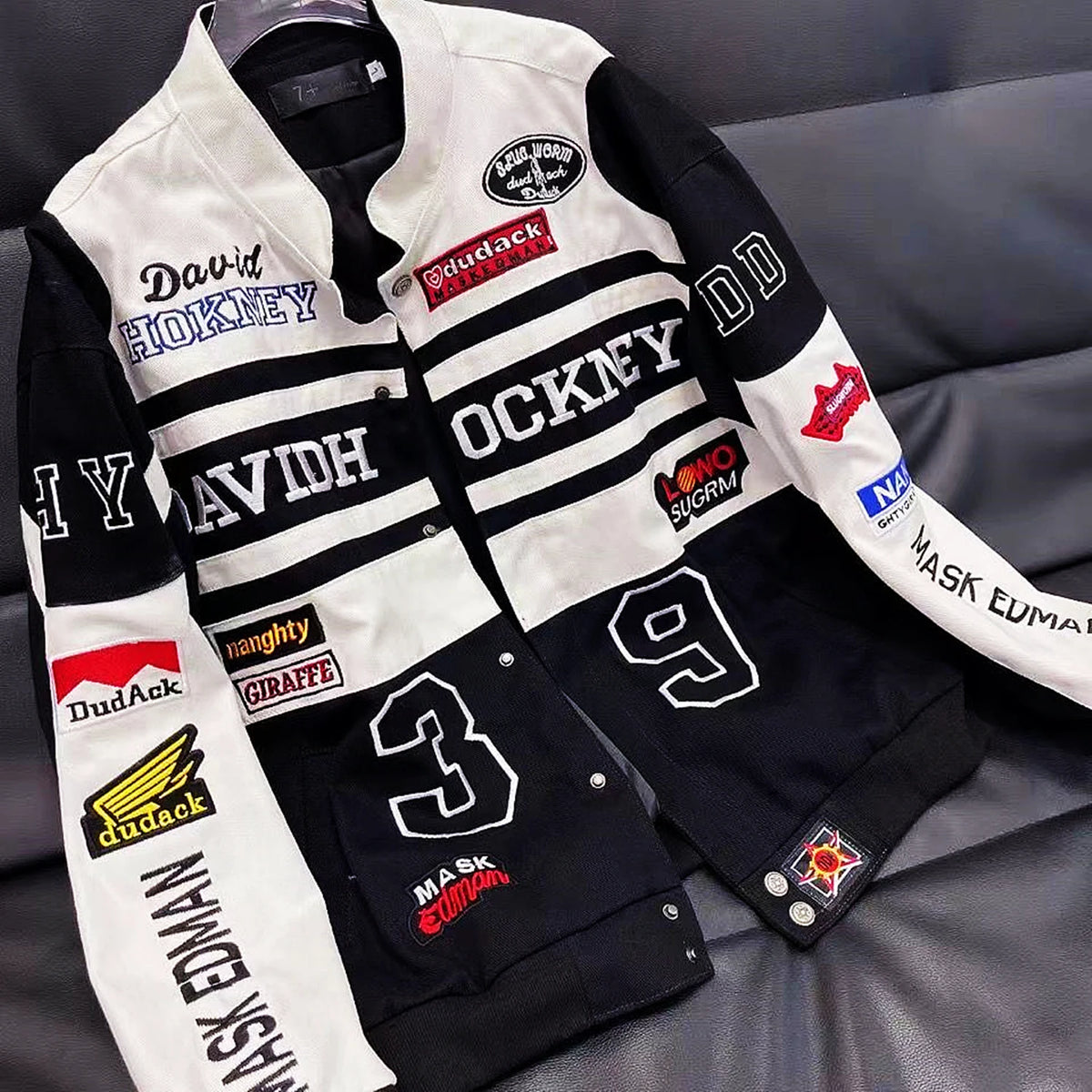 Stylish Black White Jacket with Embroidered Patches and Letters