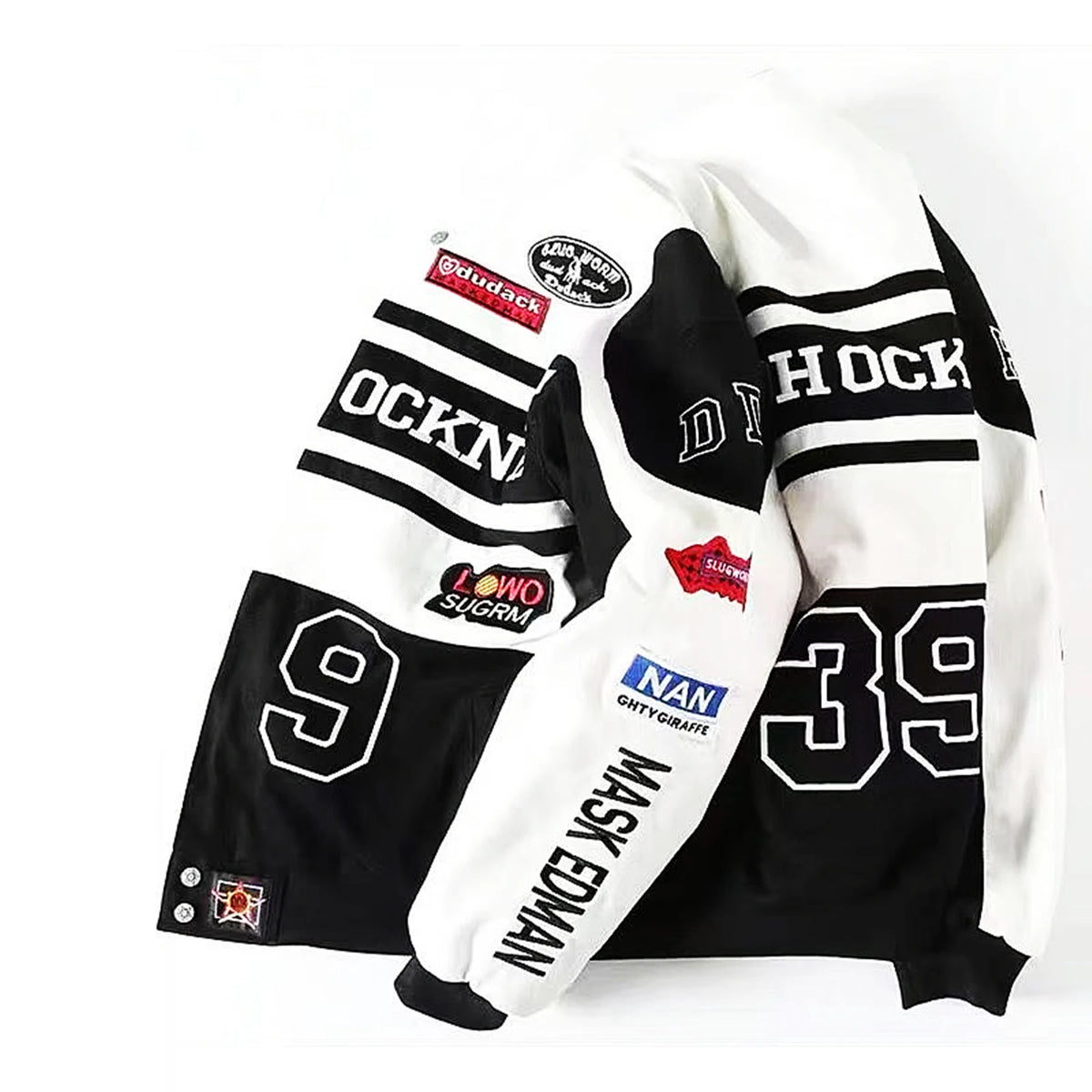 Stylish Black White Jacket with Embroidered Patches and Letters