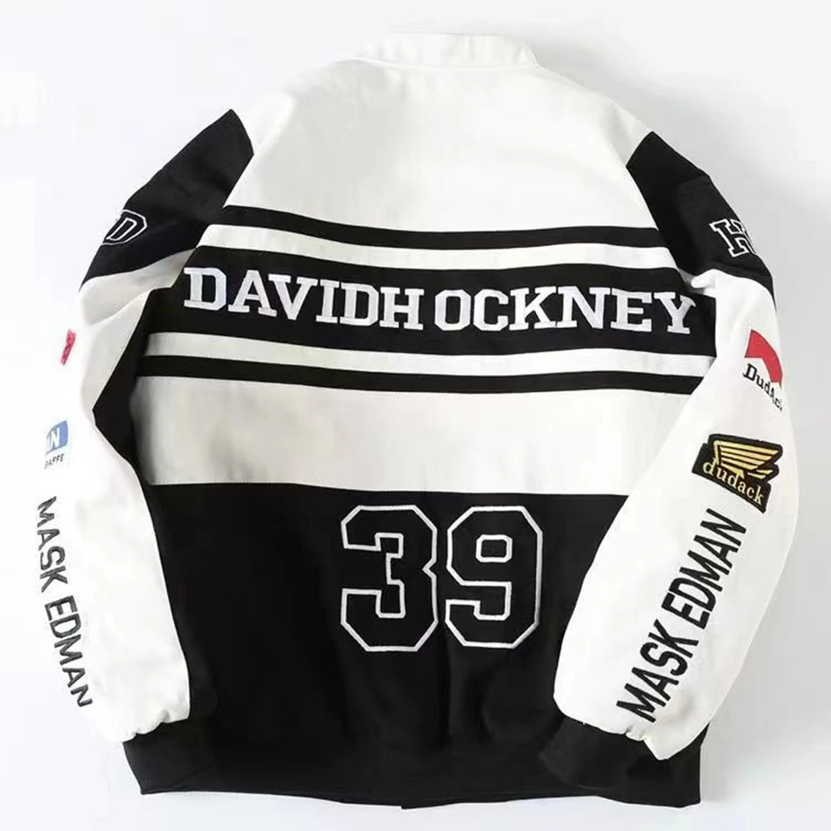 Stylish Black White Jacket with Embroidered Patches and Letters