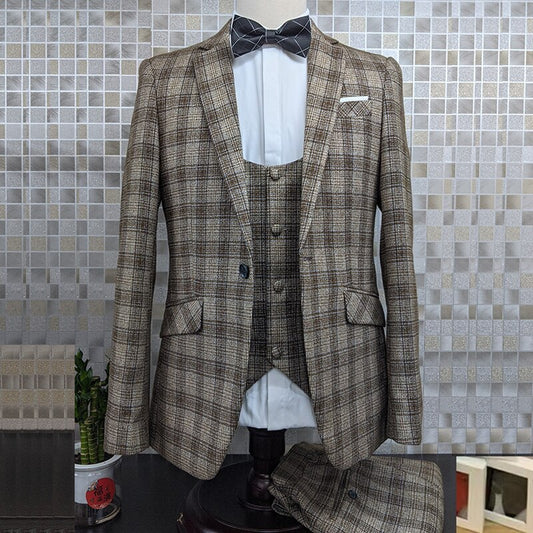 Men Plaid Suit Groom wedding Design Suit 3 Piece Gentlemen Costume