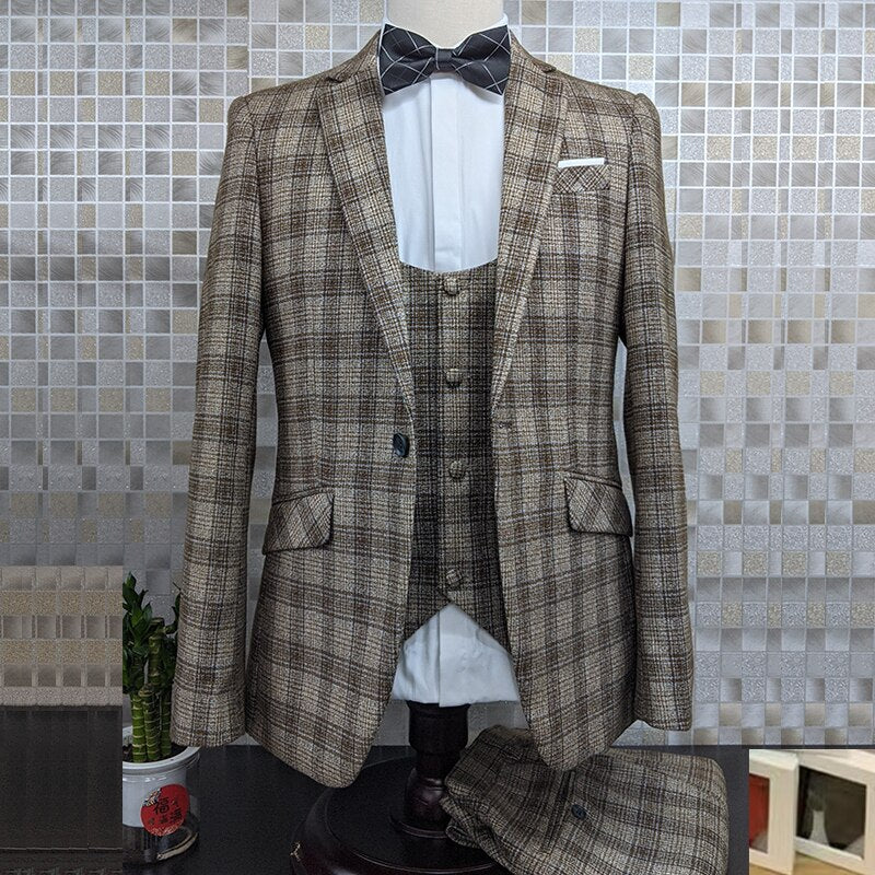 Costume à carreaux pour homme, costume de mariage 3 pièces pour marié 