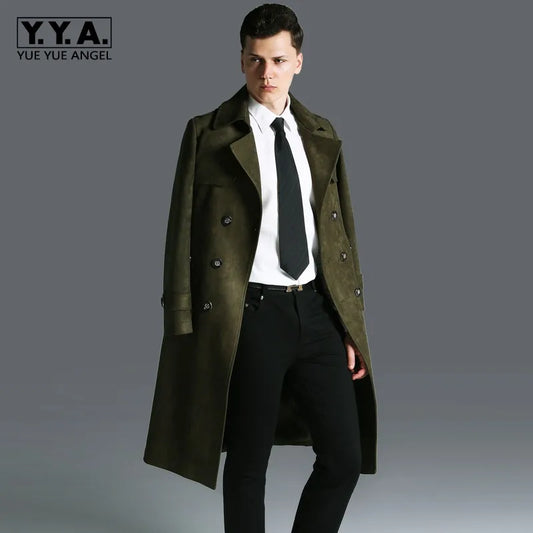 England Business Men Maxi Long Faux Suede Leather Trench Mantel Army Military Overcoat Slim Fit Windbreaker Coat Big Size 6XL