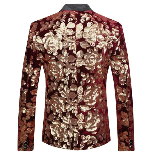 Blazer + Trousers) Men's Suit Fashion Slim Burgundy Velvet Sequins Wedding Wedding Groom Dress 2 Piece Set