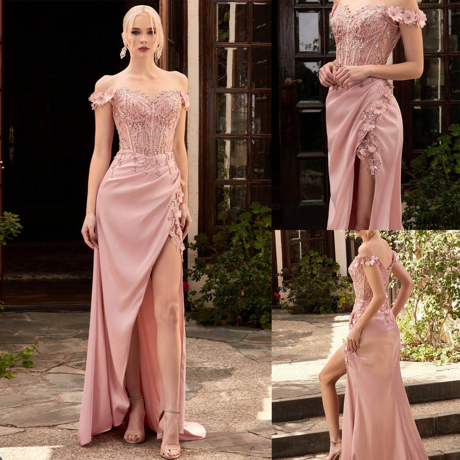 Superbe robe de soirée trapèze en dentelle rose avec appliques et perles, avec fente latérale et traîne pour événements formels et bals de fin d'année