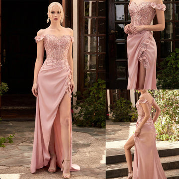 Superbe robe de soirée trapèze en dentelle rose avec appliques et perles, avec fente latérale et traîne pour événements formels et bals de fin d'année