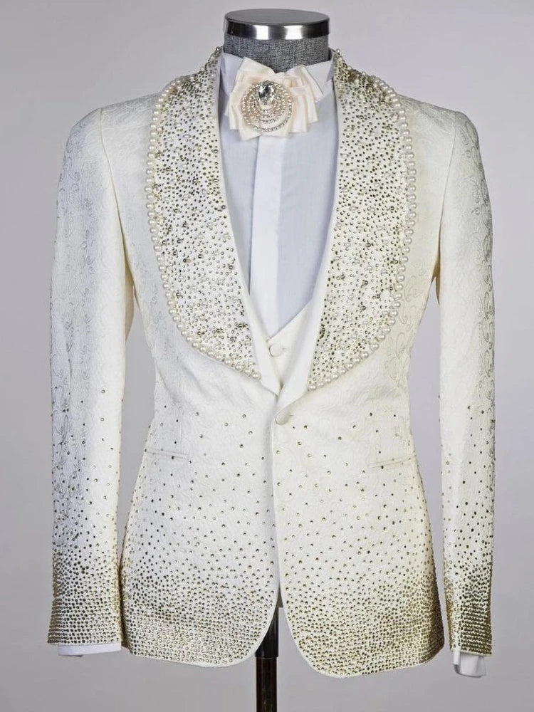 Costume de marié 2 pièces pour homme, avec perles et diamants, veste et gilet à un bouton, tenue de bal, de travail, grande taille, sur mesure
