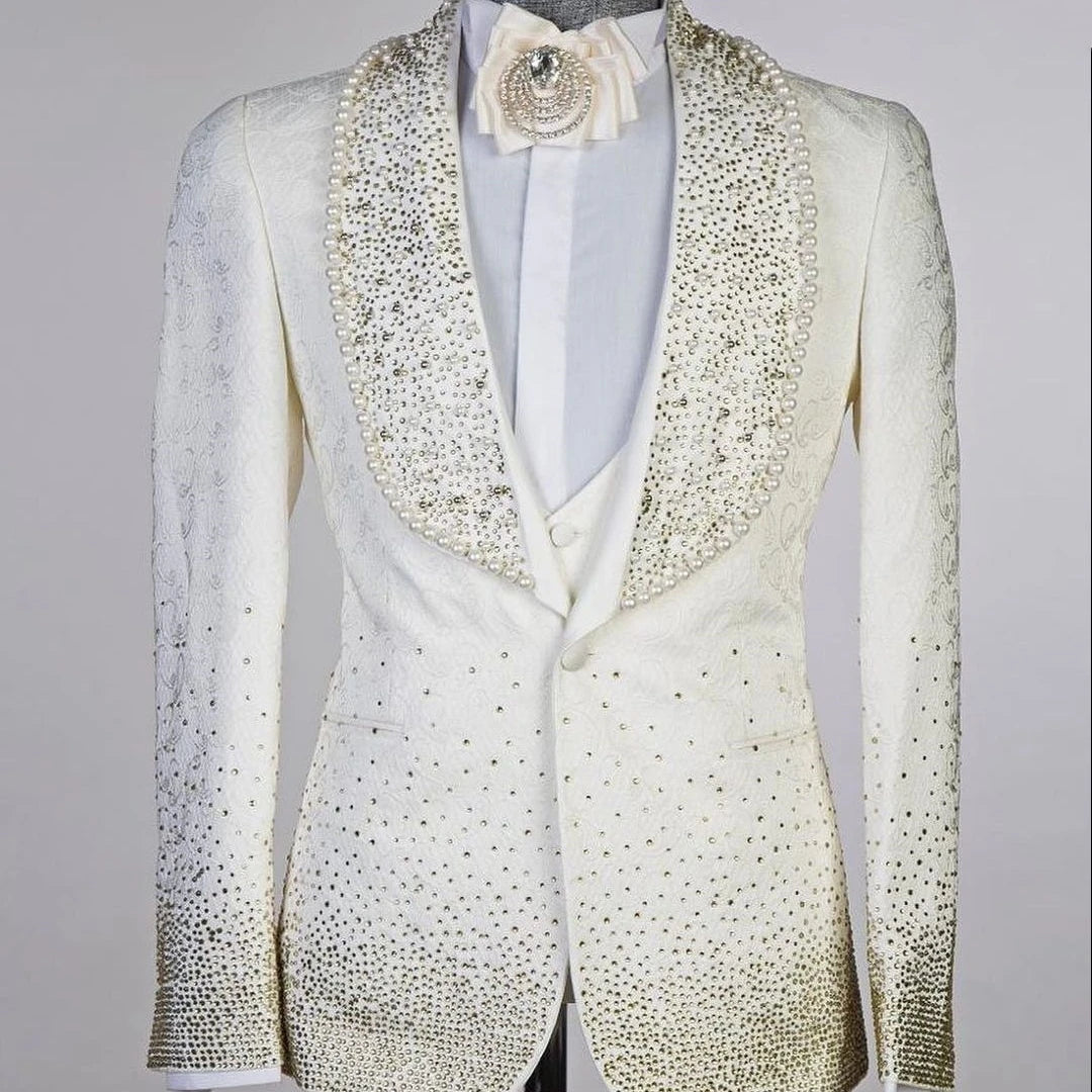 Costume de marié 2 pièces pour homme, avec perles et diamants, veste et gilet à un bouton, tenue de bal, de travail, grande taille, sur mesure