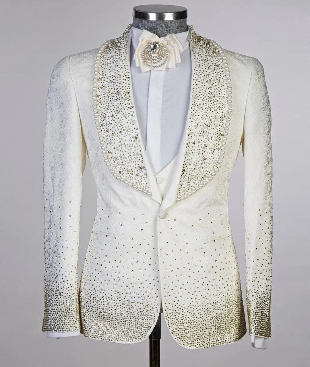 Costume de marié 2 pièces pour homme, avec perles et diamants, veste et gilet à un bouton, tenue de bal, de travail, grande taille, sur mesure