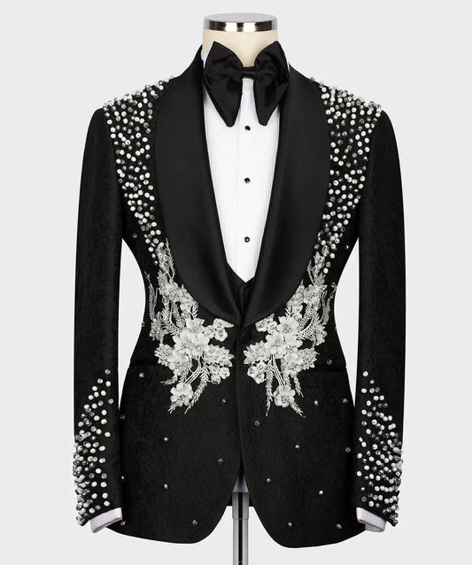 Exquisite Men Wedding Suits Shawl Lapel Single Breasted Beads Appliques Tuxedos Groom Party 2 Pcs Blazer Pants Customized Made