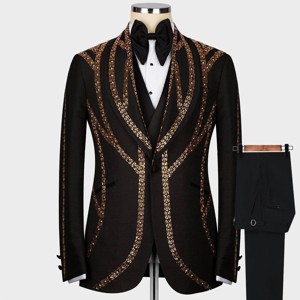 Trajes de hombre para boda hechos a mano con cuentas, chaqueta, chaleco y pantalones, 3 piezas, esmoquin negro para novio, blazer personalizado para fiesta de graduación. 