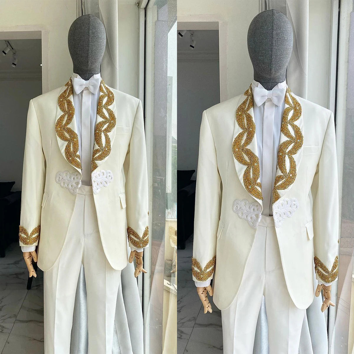 Exquisite Men's Suits Tailored 2 Pieces Blazer Pants One Button Wedding Sheer Lapel Gold Appliques Groom Custom Made Plus Size