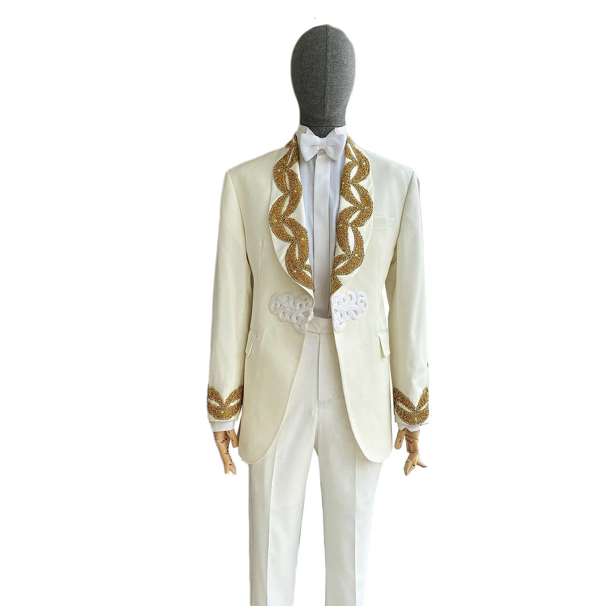 Exquisite Men's Suits Tailored 2 Pieces Blazer Pants One Button Wedding Sheer Lapel Gold Appliques Groom Custom Made Plus Size