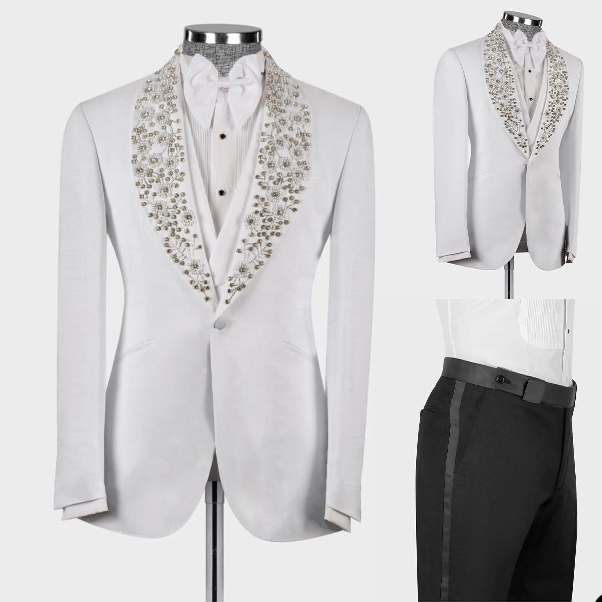 Costumes pour hommes exquis sur mesure 3 pièces Blazer gilet pantalon un bouton mariage transparent revers perles diamants sur mesure grande taille 