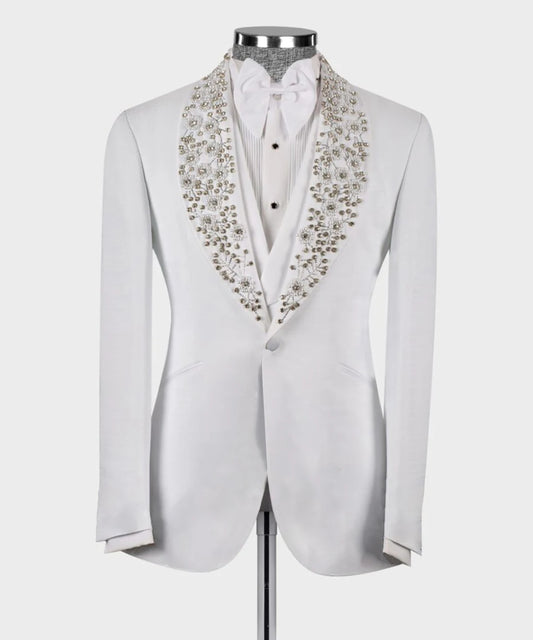 Exquisite Men's Suits Tailored 3 Pieces Blazer Vest Pants One Button Wedding Sheer Lapel Beads Diamonds Custom Made Plus Size