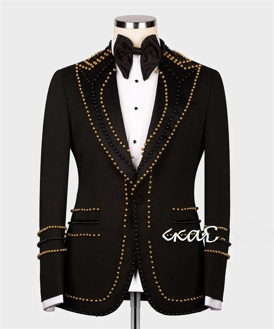 Exquisite Pearls Groom Wedding Suits Peaked Lapel Single Breasted Men's Formal Prom Clothing 2 Piece Jacket Pants