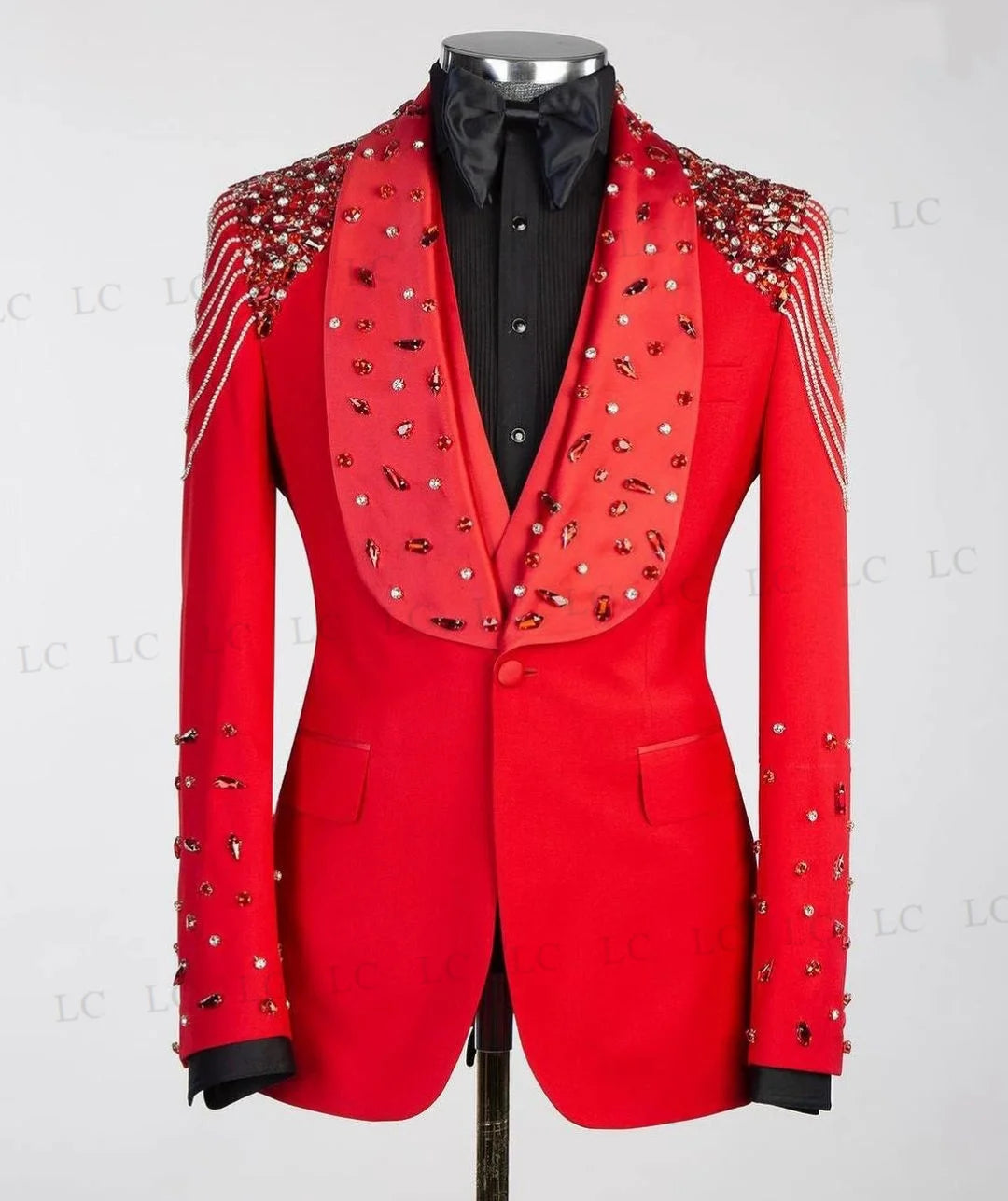 Dazzling Red 3-Piece Men's Tuxedo Set with Beaded Embellishments for Weddings, Proms, and Parties - Stylish Plus Size Blazer with Elegant Details