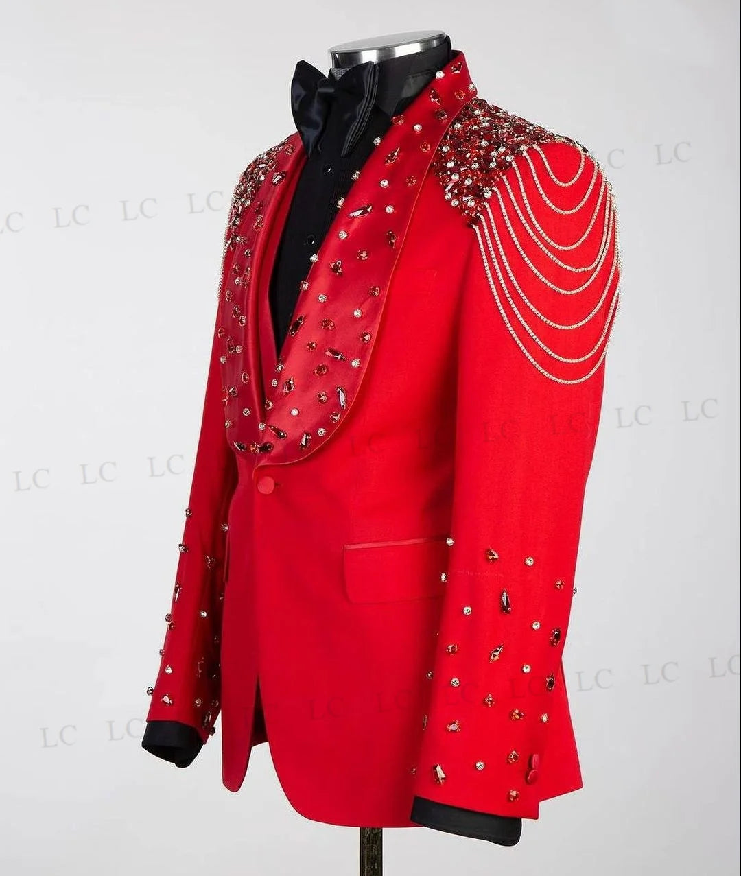 Ensemble smoking 3 pièces rouge éblouissant pour homme avec ornements perlés pour mariages, bals et fêtes - Blazer grande taille élégant aux détails raffinés
