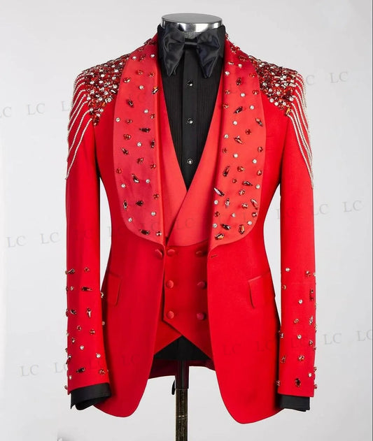 Dazzling Red 3-Piece Men's Tuxedo Set with Beaded Embellishments for Weddings, Proms, and Parties - Stylish Plus Size Blazer with Elegant Details