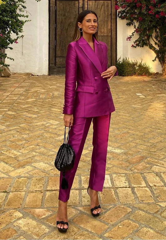 Fashion 2 Pieces Sets Dresses Suits Women Peaked Lapel Pocket Outfits Slim Fit Prom Party Gown
