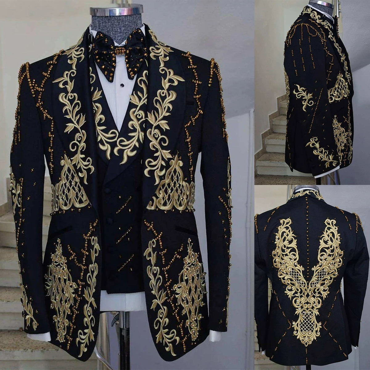 Fashion Beads Wedding Men's Suit Embroidered Decals Slim Fit 3-Pieces Tailor-Made Groom Formal Occasions Size Customized