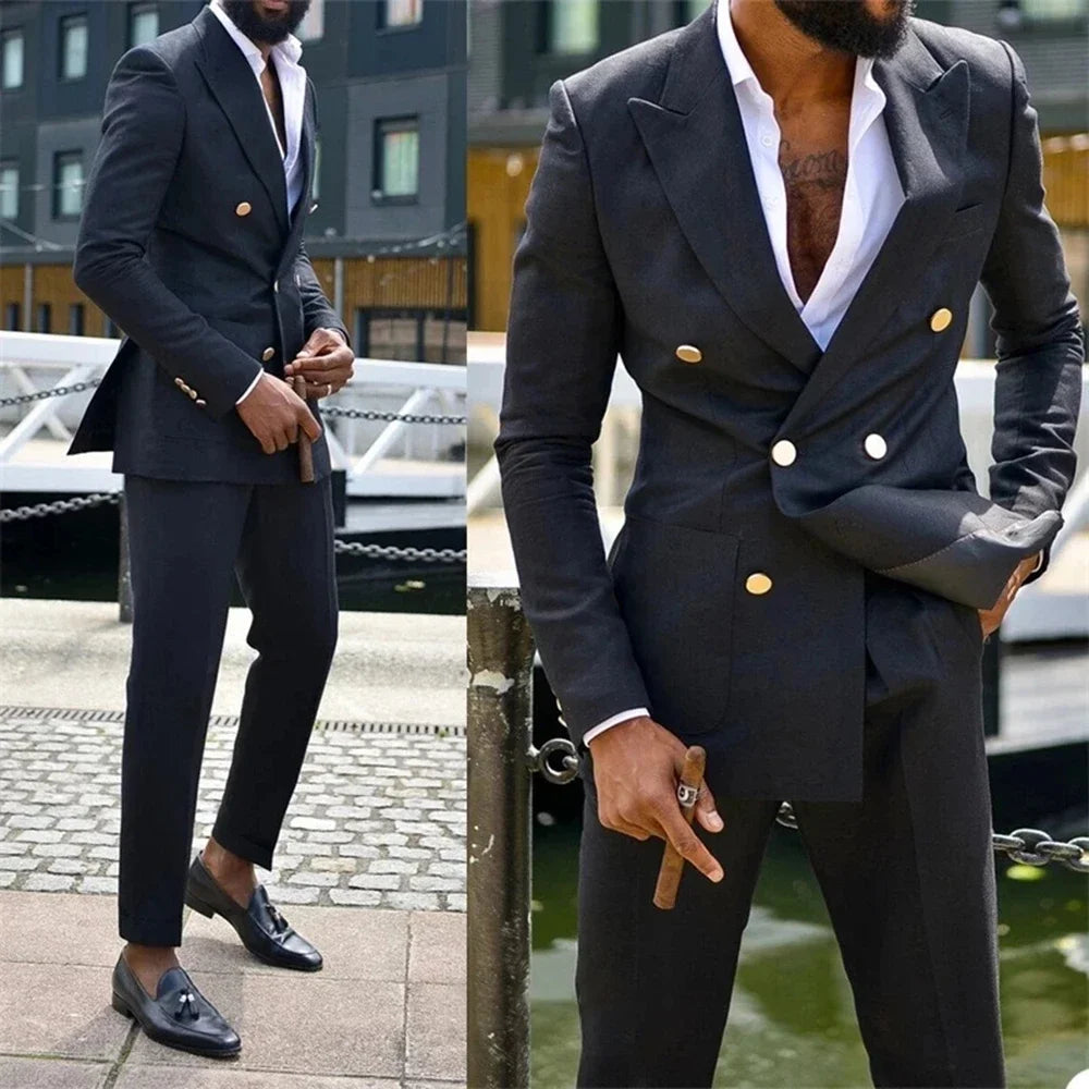Costume 2 pièces noir élégant pour homme, revers en pointe, croisé, formel, décontracté, smoking de mariage, coupe slim, blazer avec pantalon