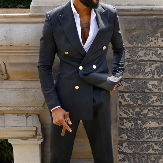 Fashion Black Men Suits Elegant Peak Lapel Double Breasted 2 Piece Formal Smart Casual Wedding Tuxedo Slim Fit Blazer with Pants