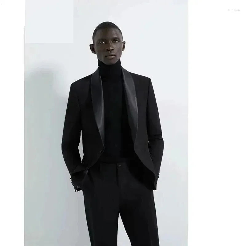 Trajes negros de moda para hombre, corte entallado, ropa personalizada para hombre, solapa chal, un botón, largo regular, chaqueta de 2 piezas, pantalones, disfraz para hombre