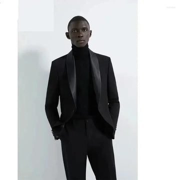 Trajes negros de moda para hombre, corte entallado, ropa personalizada para hombre, solapa chal, un botón, largo regular, chaqueta de 2 piezas, pantalones, disfraz para hombre