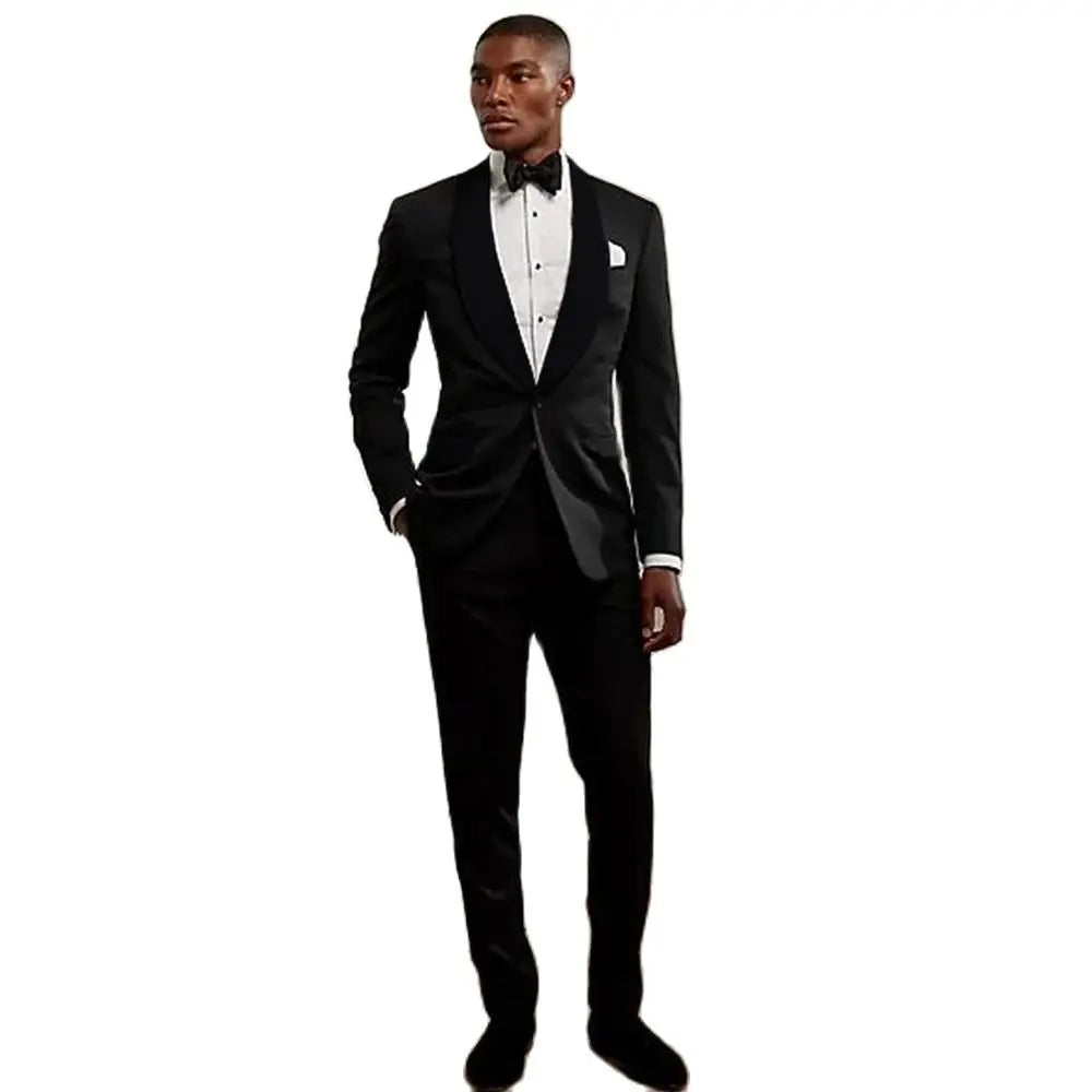 Fashion Black Suits for Men Elegant Shawl Lapel Single Button Male Suit Slim 2 Piece Wedding Party Prom Tuxedo (Blazer+Pants)