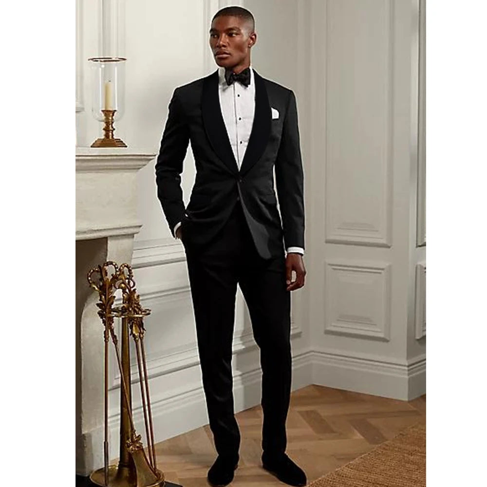 Fashion Black Suits for Men Elegant Shawl Lapel Single Button Male Suit Slim 2 Piece Wedding Party Prom Tuxedo (Blazer+Pants)