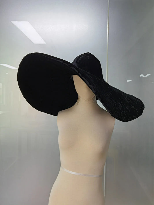 Fashion Black Velvet Large Brim Hats Women Elegant Party Prom Hat Floppy Wide Brim Cap Foldable Dancer Singer Stage Accessories