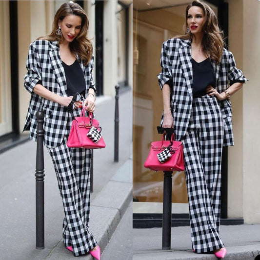 Black White Plaid Blazer Suits Street Power Slim Fit Pencil Pants Evening Party Outfit Wedding Wear 2 Pieces