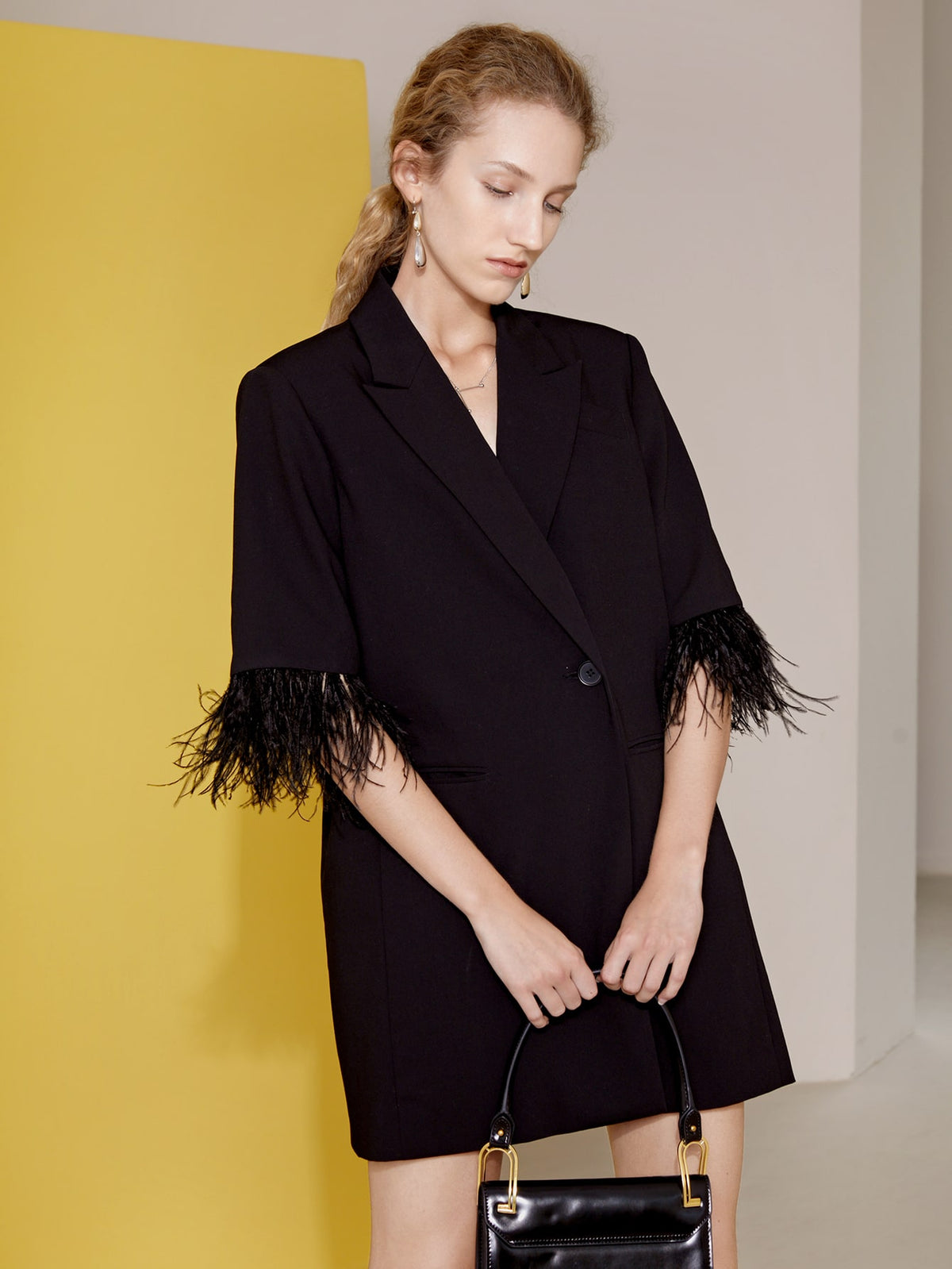 Robe blazer noire ample pour femme, tenue de bureau, décontractée, à plumes, sur mesure, tenue formelle, une veste 