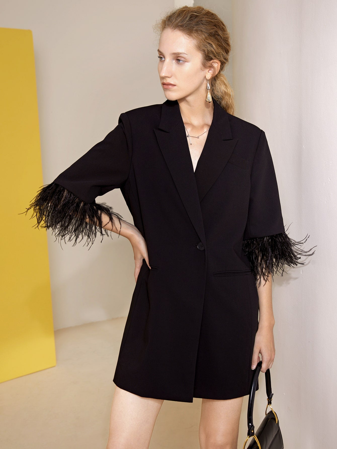 Robe blazer noire ample pour femme, tenue de bureau, décontractée, à plumes, sur mesure, tenue formelle, une veste 