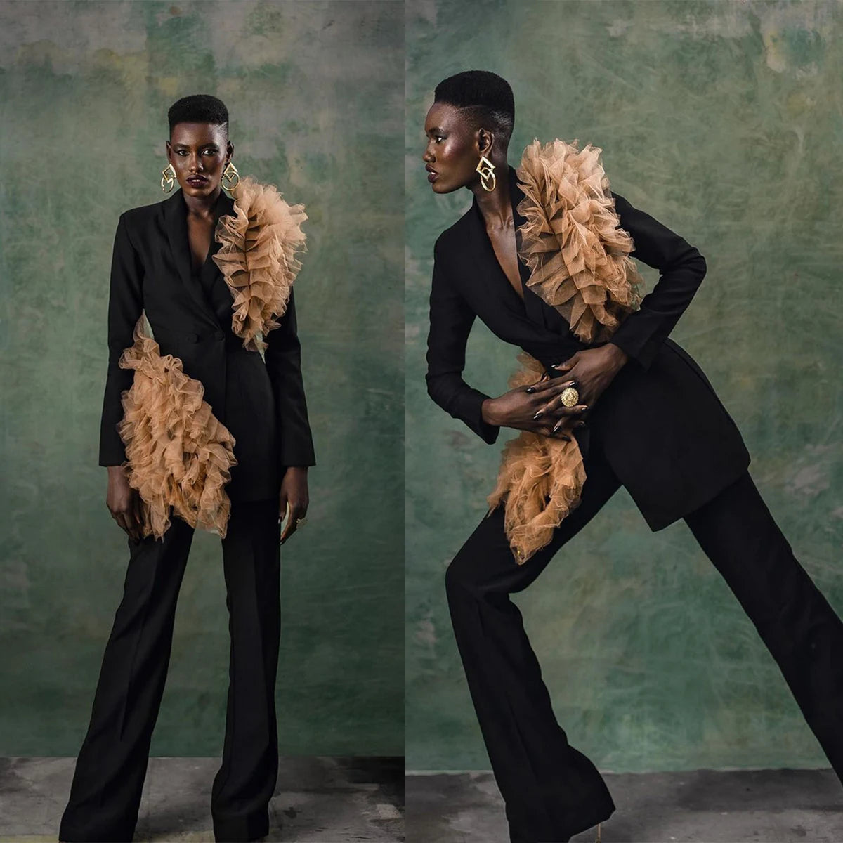 Chaqueta larga negra para mujer, traje de madre de la novia con pantalones y flores, abrigo con volantes para dama, ropa de fiesta de graduación, 2 piezas 