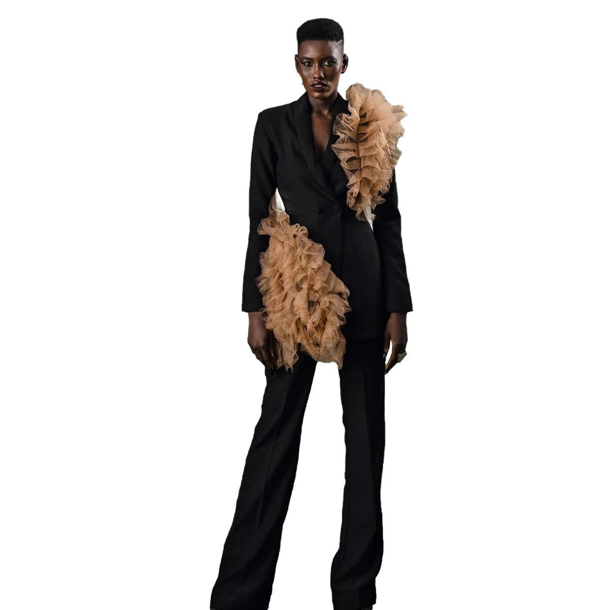 Chaqueta larga negra para mujer, traje de madre de la novia con pantalones y flores, abrigo con volantes para dama, ropa de fiesta de graduación, 2 piezas 