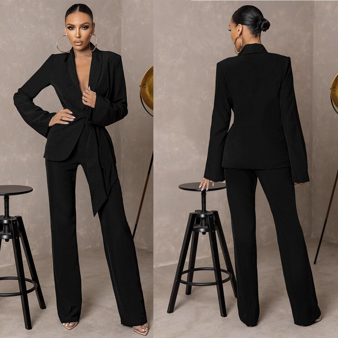 Trajes de pantalón negro para mujer, estilo celebridad, para fiesta de noche, blazer, top de encaje, 2 piezas 